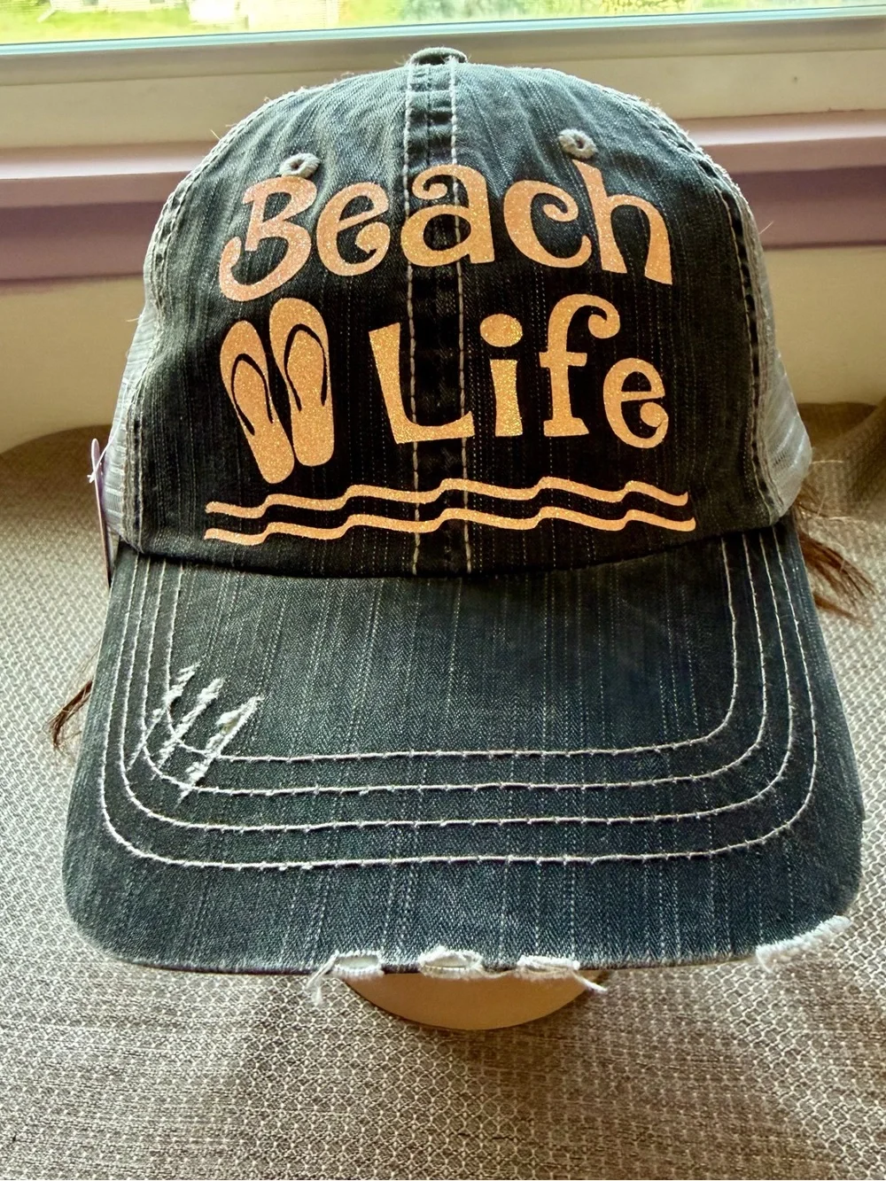 Brand New Handmade Women’s Distressed “Beach Life” Trucker Cap Hat